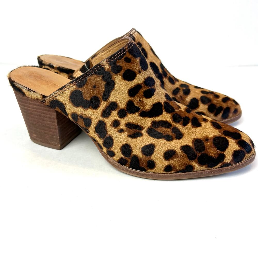 Madewell The Harper Mules Leopard Print Calf Hair Stacked Heel Shoes Size 8.5